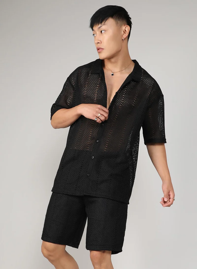 Campus Sutra Men's Onyx Black Crochet Co-Ord Set For Casual Wear | Spread Collar | Short Sleeve | Button Closure | Co-Ords Crafted With Comfort Fit For Everyday Wear